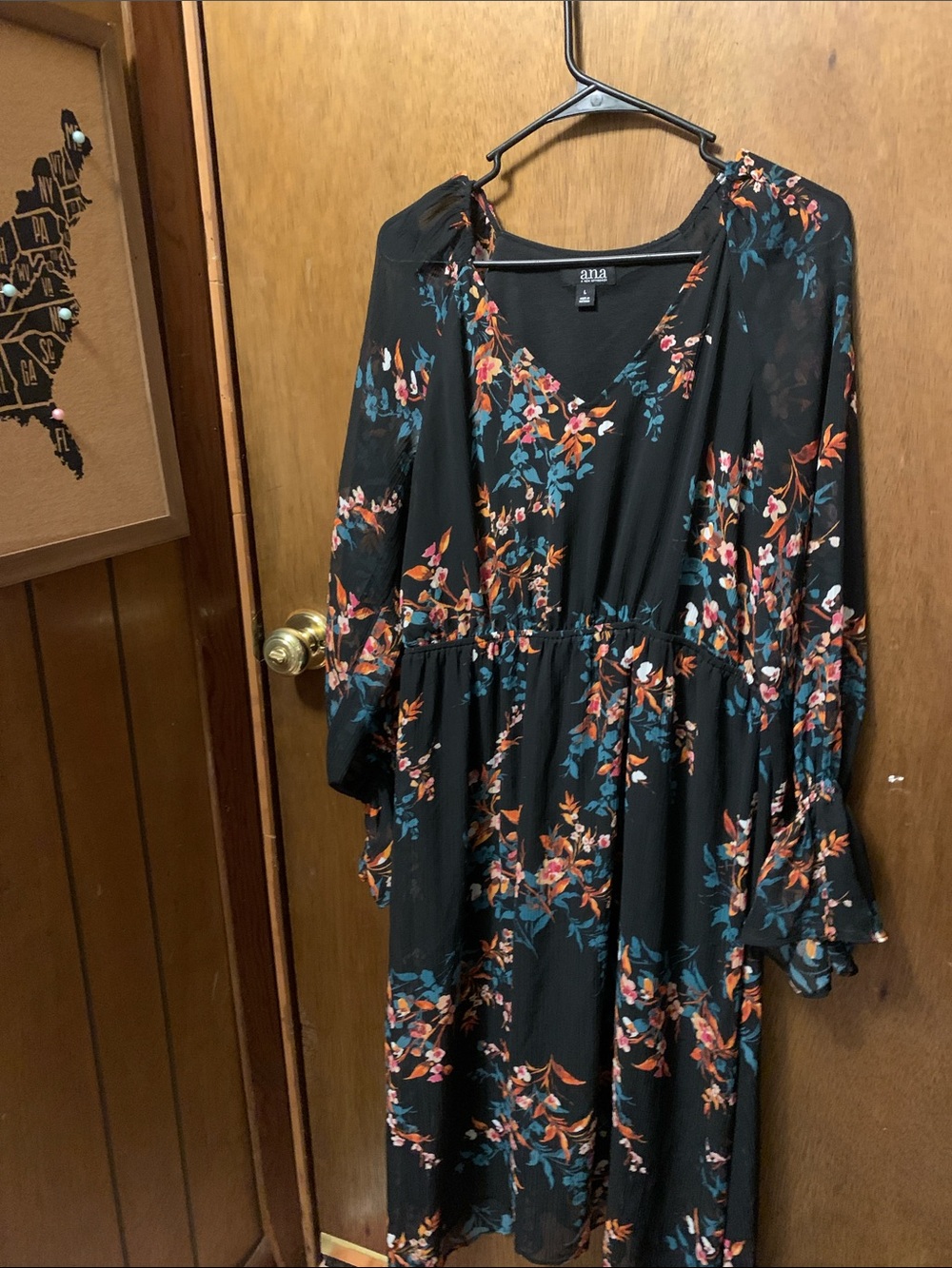 a.n.a Black Floral Midi Dress with Teal and Rust Accents hi low hem